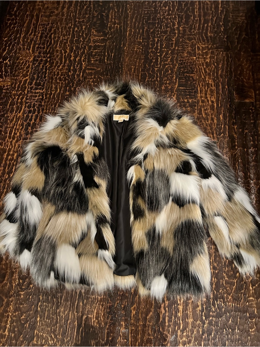 Michael Kors Patchwork Faux Fur Jacket in Black, White & Tan